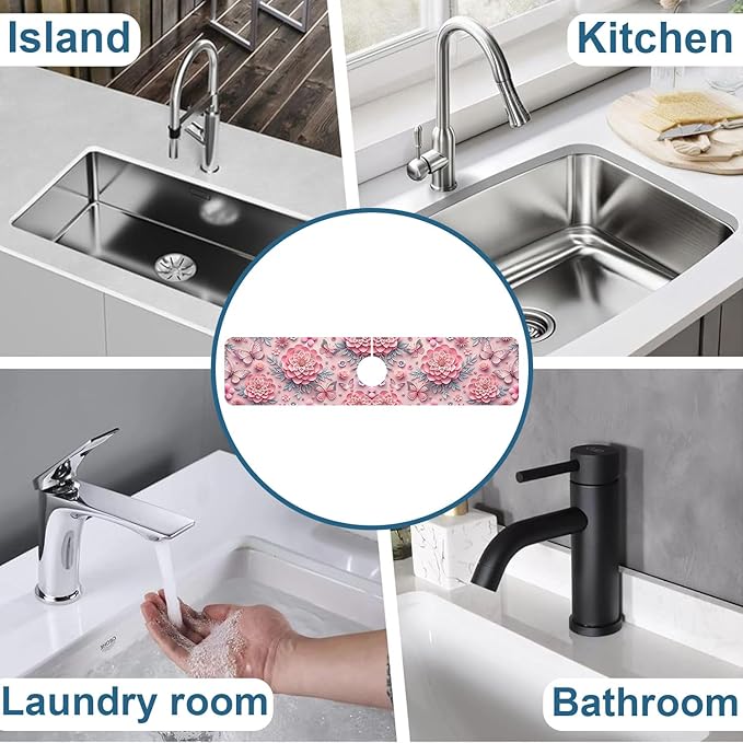 Pink Floral Sink Splash Guard Faucet Mat Flower Butterfly Super Absorbent Fast Drying Mat Sink Gadgets-Splash Guard Behind Faucet Drip Catcher for Kitchen Bathroom, 23.5"x5.5"