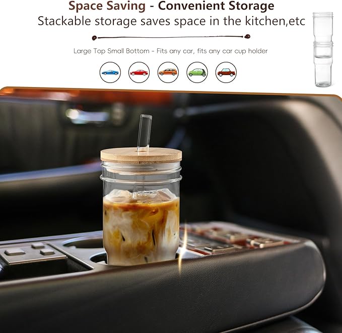 DWTS DANWEITESI Mason Jar with Lid and Straw,24 oz Iced Coffee Cup with Bamboo Lid and Straw,Boba Cups Smoothie Tumbler-Wide Mouth Reusable Glass Cups with Lid and Straws【4 Pack】