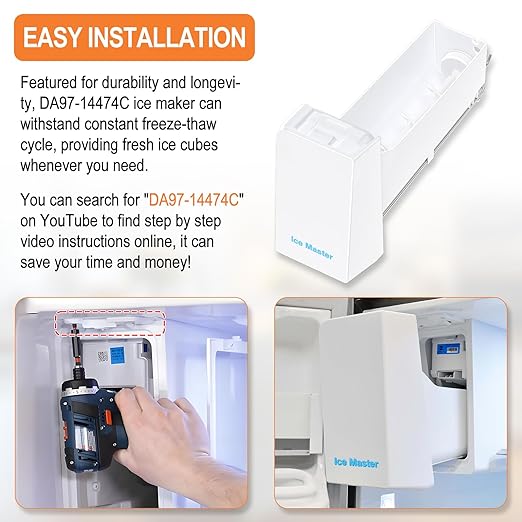 Upgraded DA97-14474A DA97-14474C Ice Bucket Compatible with Samsung Ice Bucket Replacement Samsung Ice Maker Tray Parts RF28HMEDBSR RF263BEAESR RF265BEAESR RF26J7500SR Refrigerator Ice Container Bin