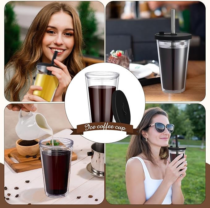 Honeydak 4 Pack 16 oz Reusable Iced Coffee Cups with Lids and Straws Leakproof Double Wall Insulated Clear Plastic Iced Coffee Tumblers with Straw Brushes