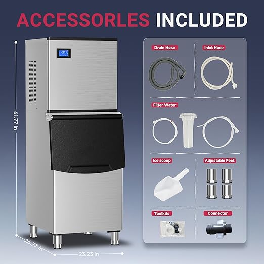 Commercial Ice Maker Machine 500LBs/Day with Filter, 250LBs Storage Bin, SECOP Compressor&ETL Approval Industrial Ice Machine, Auto-Cleaning, Ice Ready in 8-20mins, Cafe/Bar/Business/RST.