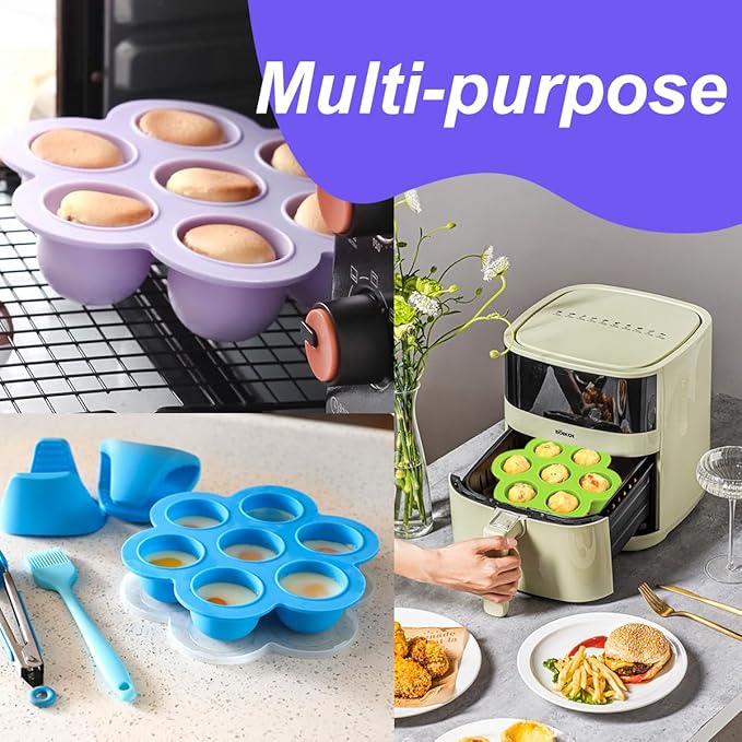 3 Pack Silicone Air Fryer Egg Bite Mold with Lid, 8 Inch Large Silicone Egg Bite Mold for Air Fryer Reusable Pan Accessories, Alternative to Sous Vide EggLarge Bite Maker