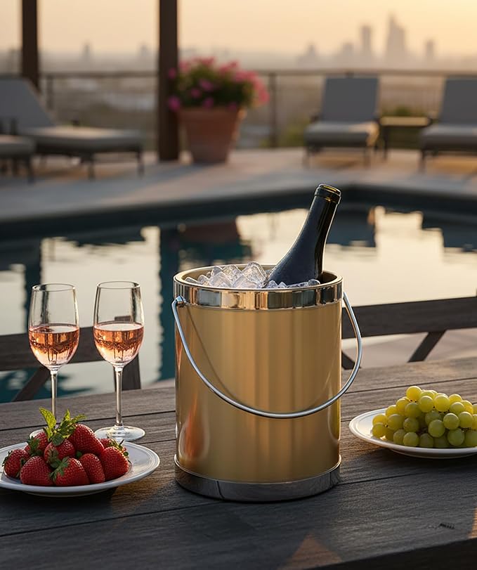 Made In USA Metallic Deco Collection Double Walled Insulated Ice Bucket With Ice Tongs (5-Quart, Gold & Silver)