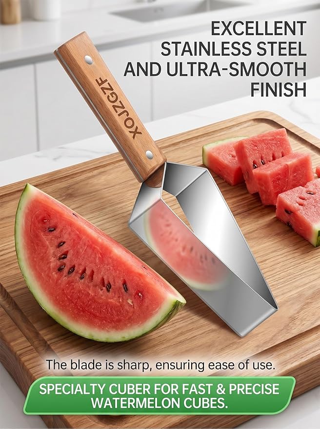 Triangle Watermelon Cutter, Stainless Steel with Wooden Handle - Melon Slicer, Fruit, Pineapple Fork Knife Gadgets Tool, Cantaloupe Peeler Cutting Summer Cut, for Kitchen Home Camping Picnic(2PCS)