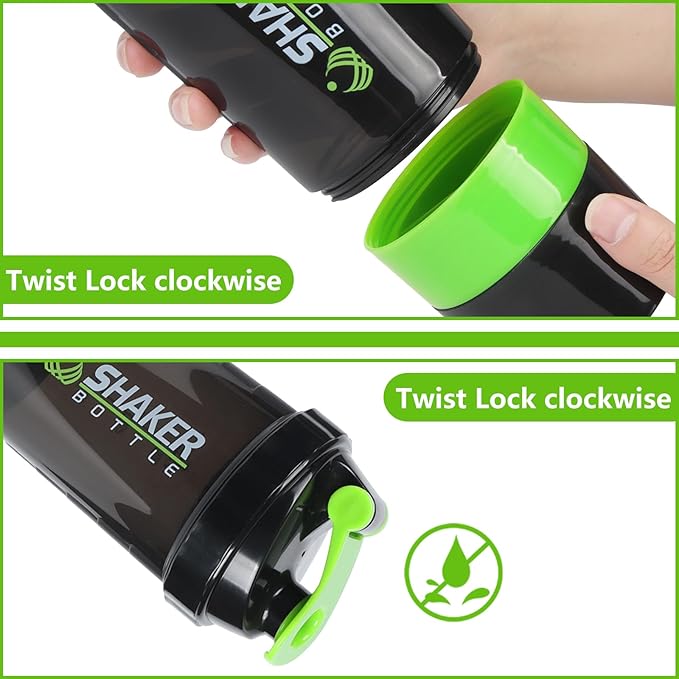 Protein Shaker Bottle,Sports Water Bottle,Leak Proof Shake Bottle For Protein Mixer,Non Slip 3 Layer Twist Off 3oz Cups with Pill Tray,Workout Shaker Bottle 16oz,Green