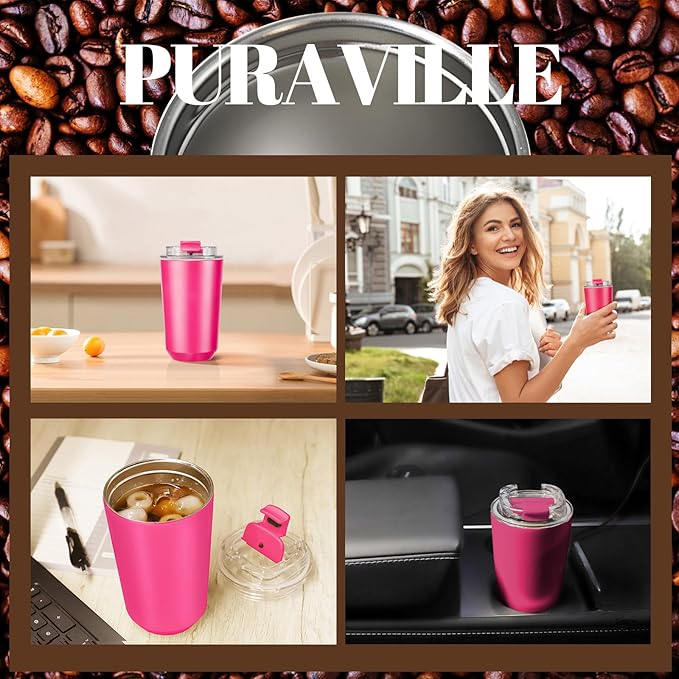 Puraville Insulated Tumblers with Lid, 10 oz Travel Coffee Mug Stainless Steel Vacuum Cup, Leak Proof Reusable Double Walled Coffee Tumbler for Iced and Hot Drinks, Fuchsia