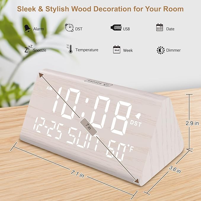 DreamSky Digital Alarm Clocks for Bedrooms - Wooden Desk Clock with Date, Day of Week, USB Port, Temperature, Dimmer for Bedside Table, Living Room, Office, Adjustable Volume, Auto DST, Wood Decor