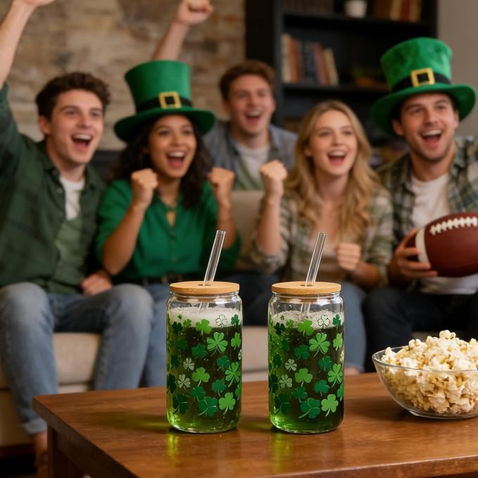 Mason Life Irish Shamrocks Glass Tumbler, 18 OZ Cute Glass Cup with Lid and Straw, St Patricks Day Drinking Cup with Keychain, Lucky Clover Beer Can Glass, Irish Gift for Women Girls