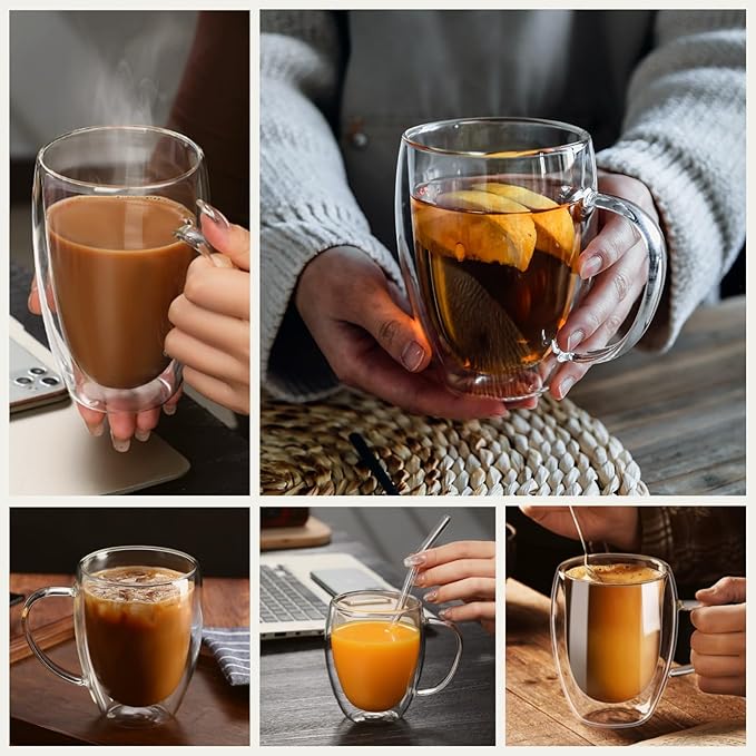DINGPAl 4 Pack Double Wall Glass Coffee Mugs, 12 oz Walled Insulated Cappuccino Mug Heat Resistant Borosilicate Glass Coffee Cups with Handle and Spoon for Latte, Espresso, Americano, Hot/Cold Drink
