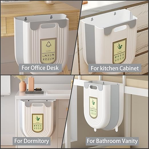 Hanging Kitchen Trash Can, Collapsible Trash Can for Kitchen, Foldable Small Garbage Can Compost Bin, 2.6 Gallon Under Sink Waste Bin for Cabinet/Bedroom/Car/Bathroom (Grey)