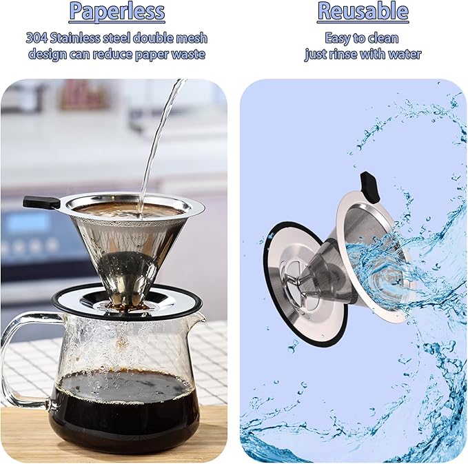 Pour Over Coffee Dripper, Stainless Steel Metal Cone Drip Coffee Filter, Paperless and Permanently Reusable, Eco-Friendly Metal Mesh Coffee,Cleaning Easy,Coffee and Tea Filter for 1-2 Cup
