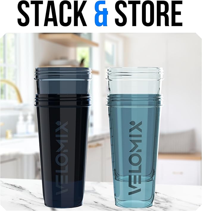 VELOMIX -4 PACK 28 Oz Protein Shaker Bottle for Protein Mixes - 4x Wire Whisk | Leak Proof Shaker Cups for Protein Shakes | Large, Stackable Protein Shaker Bottles Pack | Dishwasher Safe (Aqua Depths)