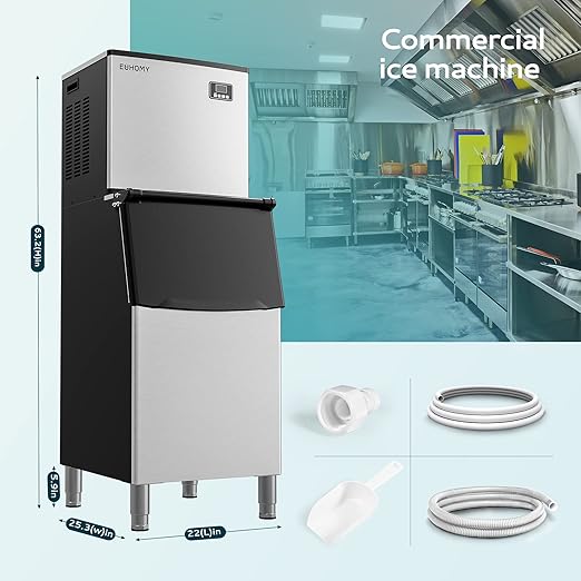 EUHOMY Commercial Ice Maker Machine 500Lbs/24H, SECOP Compressor&ETL Approval, Industrial Ice Machine, 250Lbs Storage, Ice Ready in 8-15 min, Stainless Steel Ice Maker for Bar/Cafe/Restaurant/Business