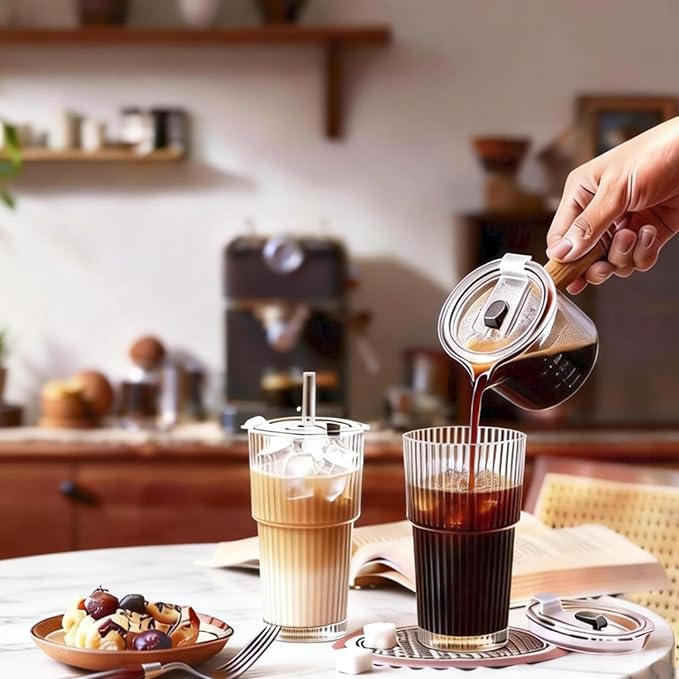 4pcs Ribbed Glass Tumbler with Straw and Lid - 20oz Reusable Iced Coffee Beer Cups, Coffee Bar Accessories for Cocktails Juices, Includes 1 Cleaning Brush