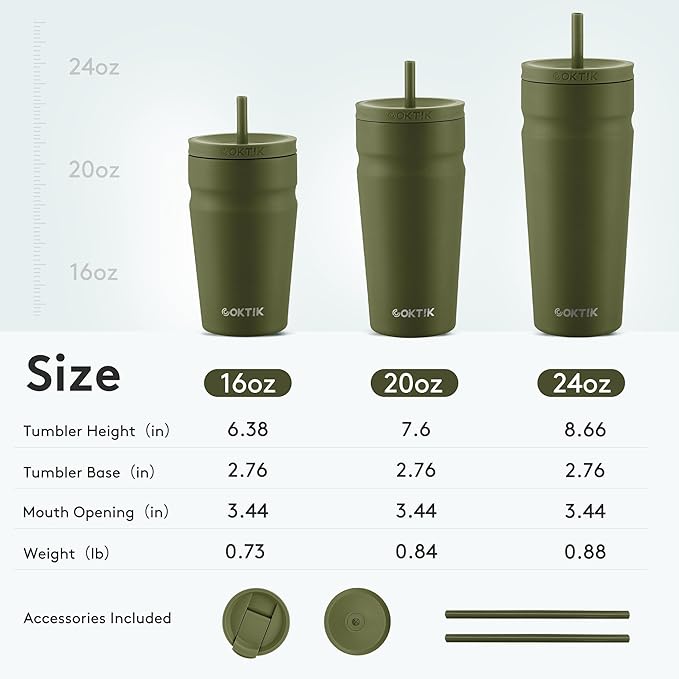 COKTIK 20oz Insulated Tumbler with Lid and Straw Iced Coffee Cup Reusable Stainless Steel Travel Mug Water Bottle Cupholder Friendly for Women Men Her Him (Olive)