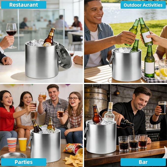 ChefBee Stainless Steel Ice Bucket - 3L Double-Wall Insulated Ice Buckets for Parties with Lid & Tongs, Large Champagne Wine Drink Container Holder, Ideal for Freezer Cocktail Home Bar Accessories