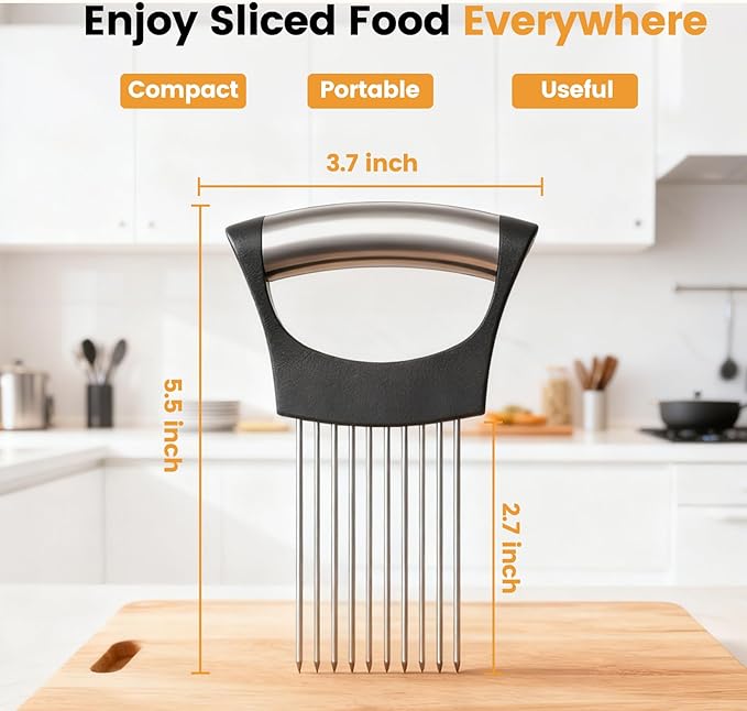 Onion Holder for Slicing, 304 Stainless Steel Onion Slicer Holder, Tomato & Vegetable Cutter, Fruit Slicer & Meat Tenderizer, Ergonomic Kitchen Gadget for Safe, Even & Odor-Free Cutting, Home Cooking