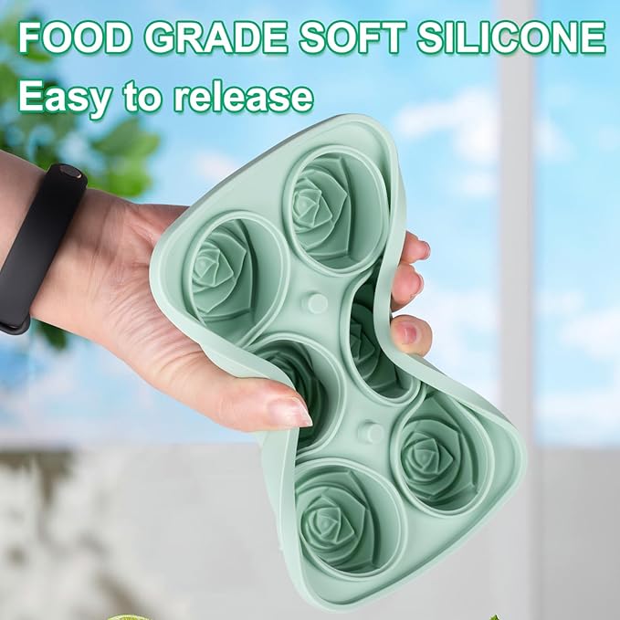 3D Rose Ice Cube Tray Set of 2, 6-Cavity Silicone Ice Cube Molds with Lid, Easy Release Ice Cube Trays for Freezer, BPA Free Ice Mold for Gift, Drinks, Coffee and Cocktails, Whiskey (Green)