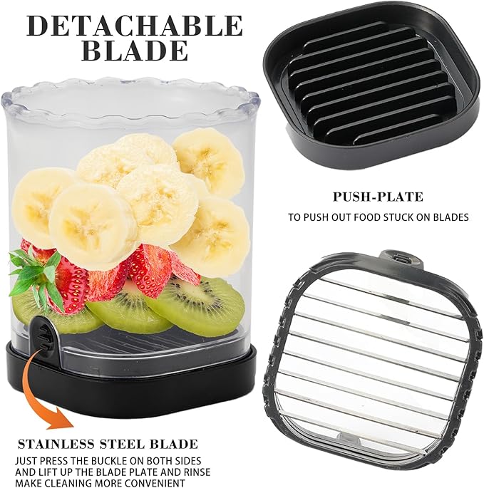 2 Pcs Fruit Slicer Cup, Strawberry Cutter Slicer Cup, Banana Egg Slicers Detachable Fruit with Push Plate, Strawberry Cutter Kitchen Gadget (Black & Red)