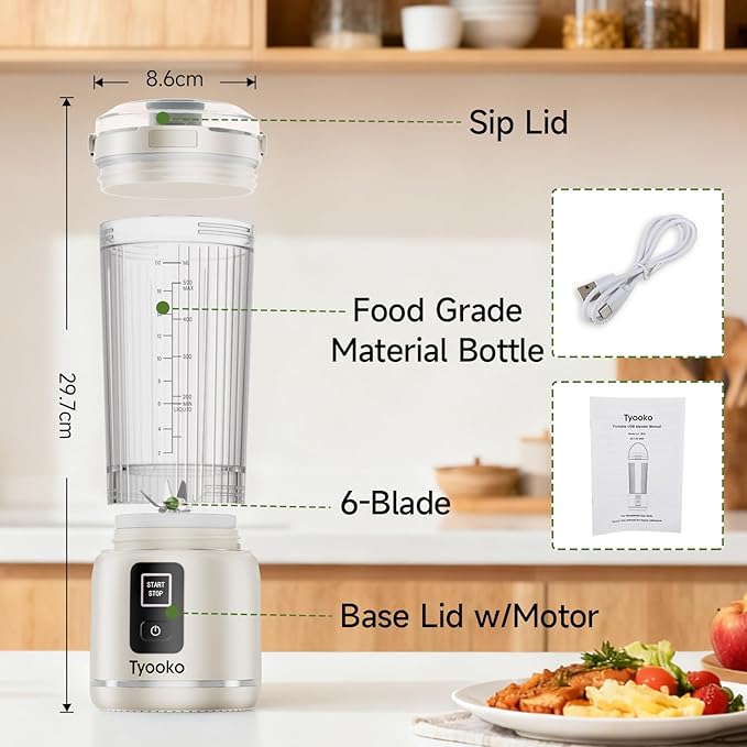 Portable Blender for Smoothies and Shakes, 18oz Rechargeable Electric Personal Juicer Cup with Dual Mode, 6 Sharp Blade Drink Mixer Bottle with Leakproof-Lid & Sip Spout for Kitchen/Travel/Gym (White)