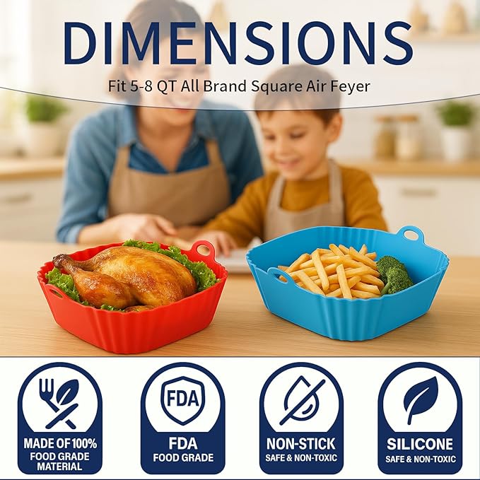 Boribim 9 Inch Large Air Fryer Silicone Liners - 2 PCS Square Reusable AirFryer Basket Liners for 5-8QT Air fryer, Air fryer Accessories for Baking Roasting Microwave (Red + Blue)