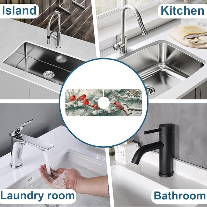 Winter Sink Faucet Absorbing Mat Cardinal Christmas Super Absorbent Fast Drying Mat Sink Gadgets Behind Faucet Sinkmat for Kitchen Bathroom, 15.5"x5.5"