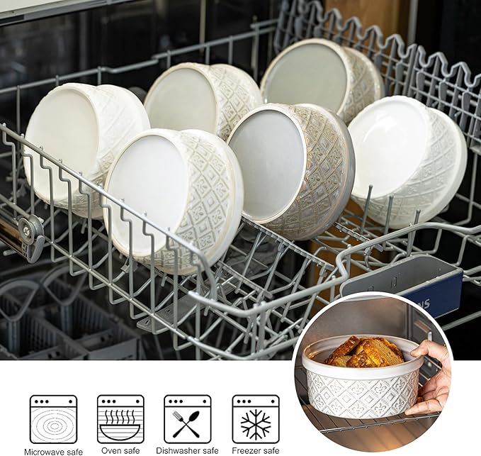 Large Mixing Bowls with Airtight Lids, Classic White Porcelain Embossed Nesting Salad Bowls for Baking and Cooking, 12/16/28/40oz Serving Bowls Set of 4, Oven and Dishwasher Safe, Thanksgiving Gift