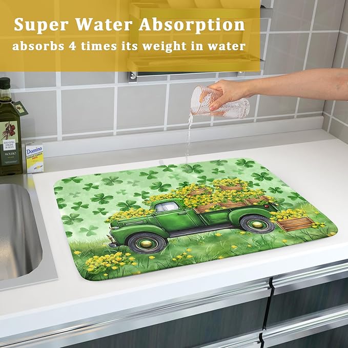 Green Holiday Dish Drying Mat Lucky Clover Truck Drying Mat for Kitchen Counter 18 X 24
