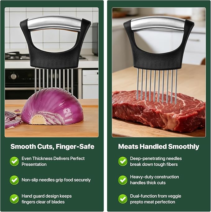 【2 PCS】Onion Slicer, Onion Holder for Slicing - Stainless Steel Vegetable & Fruit Cutter for Onions, Tomatoes, Potato, Avocado, Lemon, Eggs, Meat | Kitchen Chopper Gadget with Neat Guide & Tenderizer