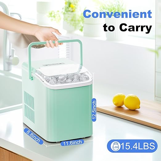 NEWBULIG Ice Makers Countertop with Handle, Portable Ice Machine, 9 Bullet Ice Cubes in 6 Mins, 26lbs in 24Hrs, Auto-Cleaning, with Basket and Scoop, for Home, Kitchen, RV, Camping, Green