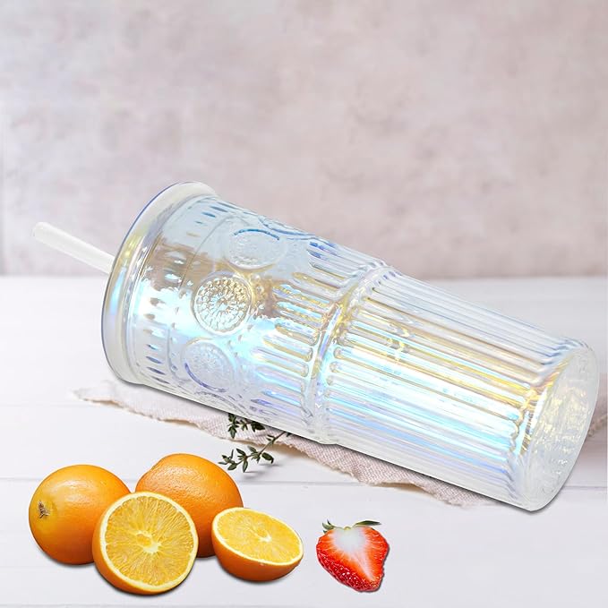 Bandesun All Glass Iced Coffee Cup With Lids and Straws,24 OZ Rainbow High Borosilicate Glass Tumbler for Water Smoothie Juice Drinks