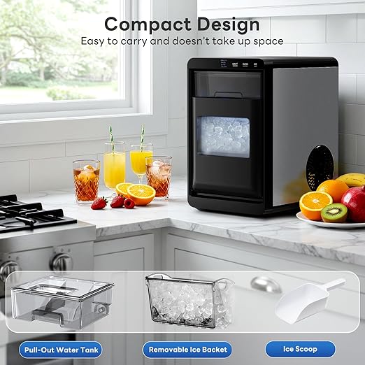 Kismile Nugget Ice Maker Countertop, 44Lbs/Day Sonic Ice Machine, Fast Ice Ready in 10–14 Mins, 2026 Upgraded Small Ice Maker with Self-Cleaning for Home, Party, RV & Office
