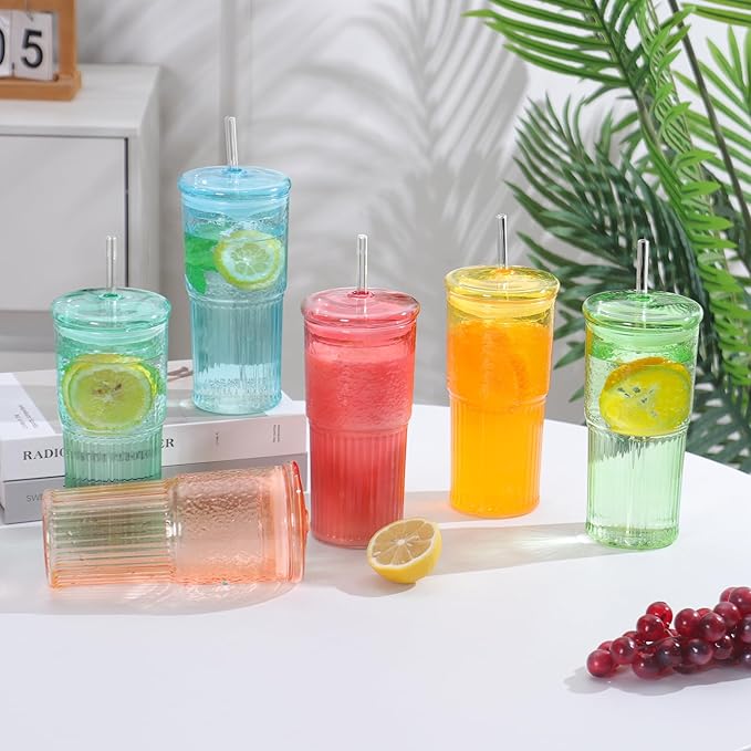 QWEZXO 20 OZ Glass Cup with Lids and Glass Straws, High Borosilicate Iced Coffee Glass Tumblers with Lid and Straw for Drinks, 2pcs Reusable Wide Mouth Smoothie Cup(Red)