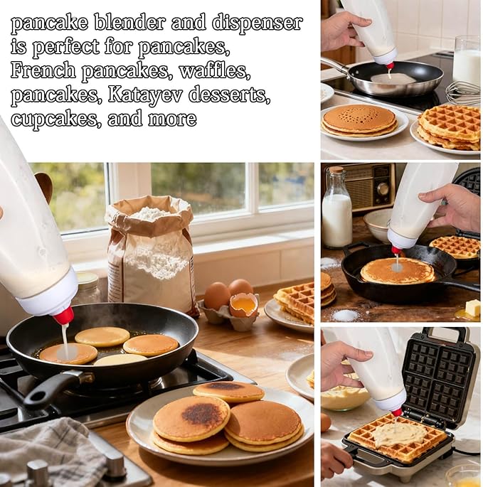 Pancake Batter Dispenser with Mixing Ball and Silicone Spatula Pancake Squeeze Bottle Mixer Batter Dispenser Bottle for Pajncakes, Crepes, Waffle, Muffins, Cupcakes, and more 2Pcs Hjpzrui