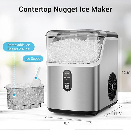 Nugget Ice Makers Countertop 35lbs/Day, Pellet Ice Maker Machine with Self-Cleaning, One-Click Operation Sonic Ice Maker, Pebble Ice Maker for Home/Kitchen/Office
