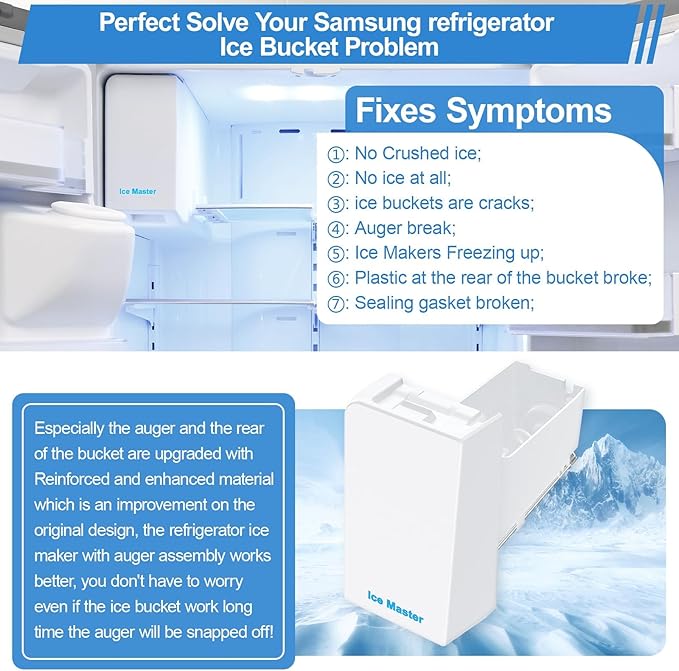 Upgraded RF24FSEDBSR RF23HSESBSR Ice Maker DA82-01397A Ice Bucket Compatible with Samsung Ice Maker Replacement DA97-13717A Refrigerator Ice Tray Ice Container Ice Bin PS11717778 Samsung Ice Bucket