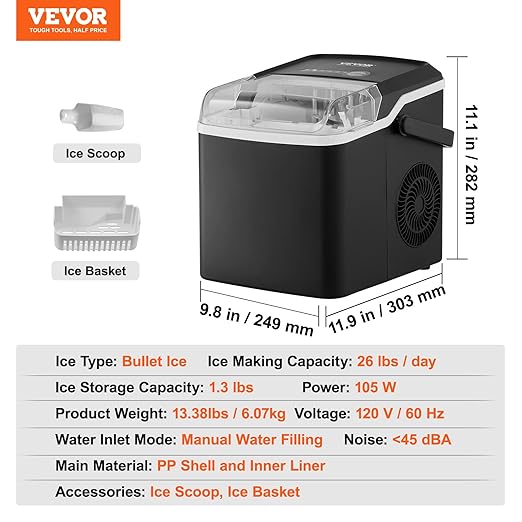 VEVOR Ice Maker Countertop, 26lbs in 24 Hours,9 Cubes Ready in 7 Minutes, Self Cleaning Countertop Ice Maker with Scoop and Basket for Home Kitchen Camping Office