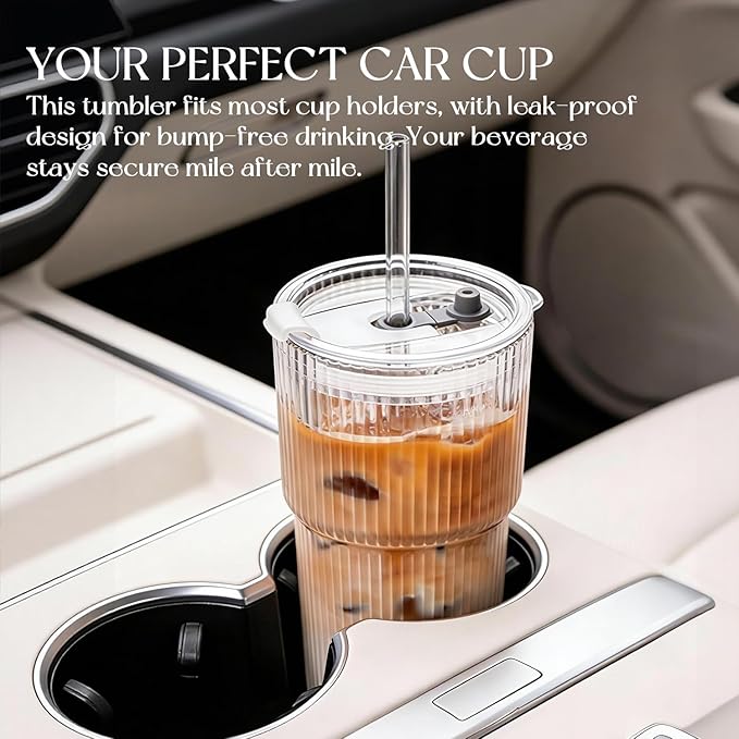 KEMORELA 6-Pack 20 oz Ribbed Glass Tumblers with Lids and Straws – Vintage Iced Coffee Cups, Reusable Smoothie & Cocktail Glasses, Durable Clear Glassware for Home, Cafe & Party Use
