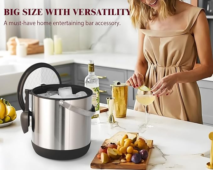 6.8L/7QT Insulated Ice Bucket with Lid & Scoop,Double-Wall Ice Bucket for Parties,Cocktail Bar(Black)