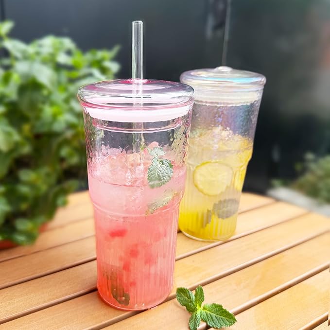 Puraville 2 Pack 20oz Glass Gups with lids and Straws, High borosilicate Reusable Iced Coffee Cup Tumbler, Leak Proof Driking Glass Mug for Water, Juices, Cocktails, Pink