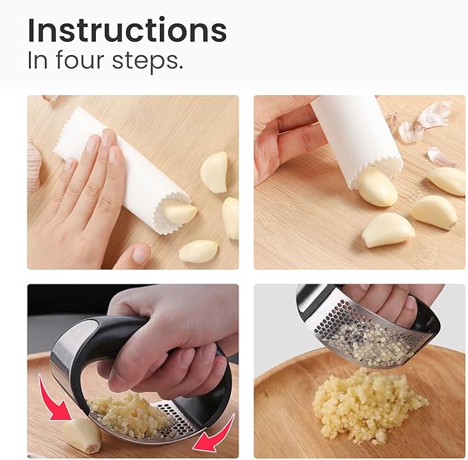 Innovative Rocking Garlic Press Set–Premium Stainless Steel Garlic Crusher with Ergonomic Handle,Includes Garlic Peeler&Cleaning Brush,Easy to Clean,Effortless Mincing Tool for Kitchen