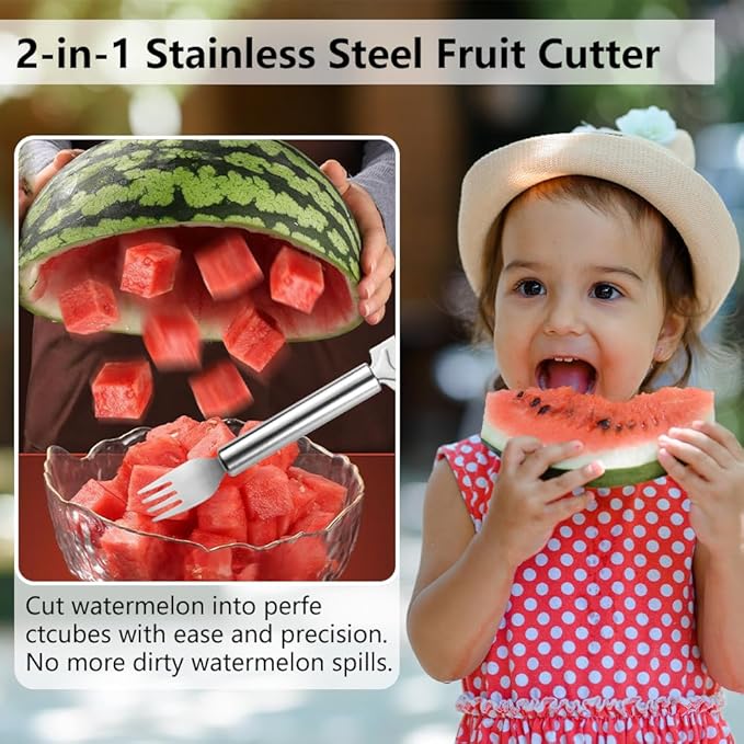 2-in-1 Stainless Steel Fruit Cutter, Watermelon Fork Slicer Tool, Watermelon Slicer and Fork, Dual Head Knife with Round Handle for Kitchen Fruit Cubes (2Pcs)