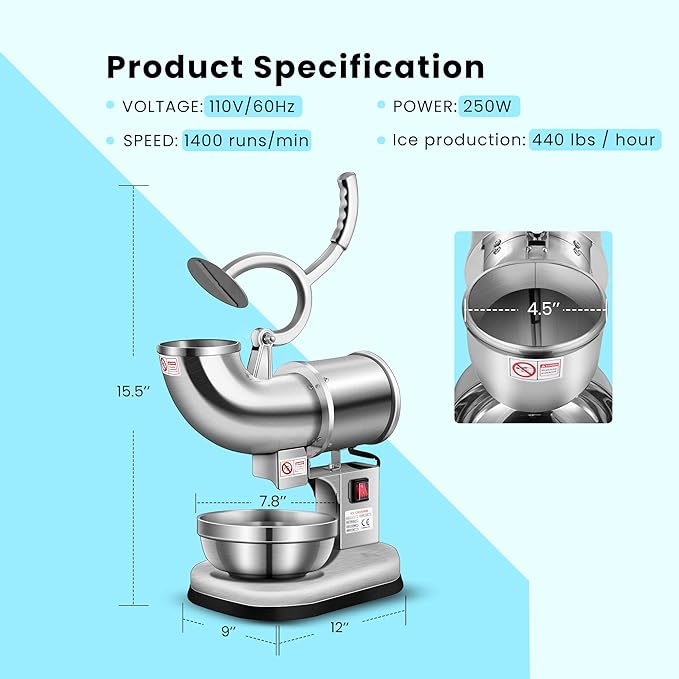 VIVOHOME Electric Dual Blades Ice Crusher Shaver Snow Cone Maker Machine Silver 440lbs/hr for Home and Commercial Use