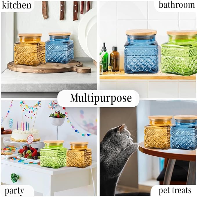 Glass Storage Canister with Airtight Lids, 20.3 FL OZ Thick Glass Candy Jar for Coffee Bean, Cocoa powder,Dog treats, Snacks Vintage Decorative Square Glass Jars for Coffee Bar Kitchen Party Counter