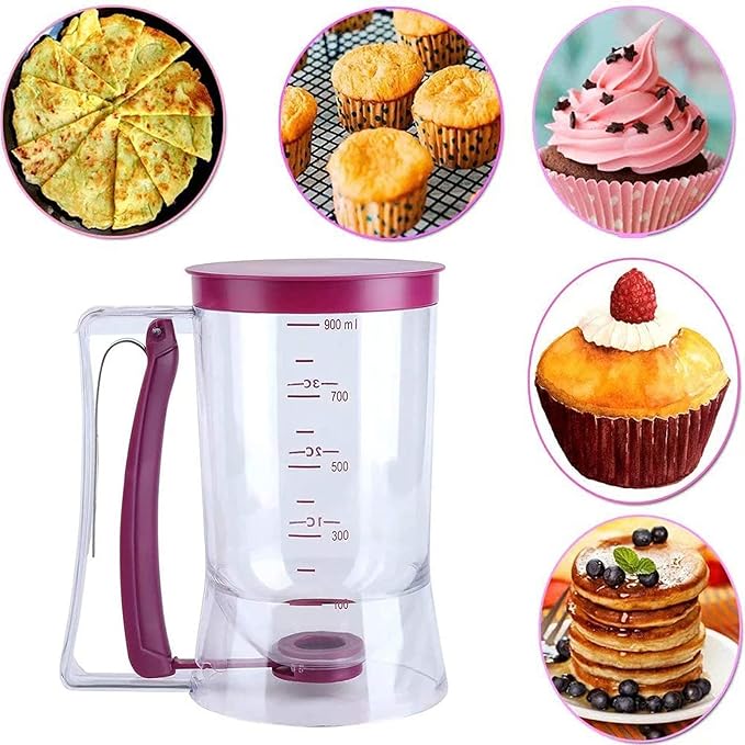 4 Cup Pancake Cupcake Batter Dispense, 900mL Pancake Dispenser For Batter With Measuring Label Squeeze Handle Bracket and Silicone food brush for Cupcakes Crepes, Cake or Any Baked Goods