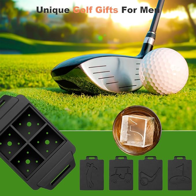 Clear Square Ice Cube Maker Mold for Whiskey Bourbon, Golf Gifts for Men, Golf Accessories Stocking Stuffers for Men, 4 Golf Theme Ice Stamp Included