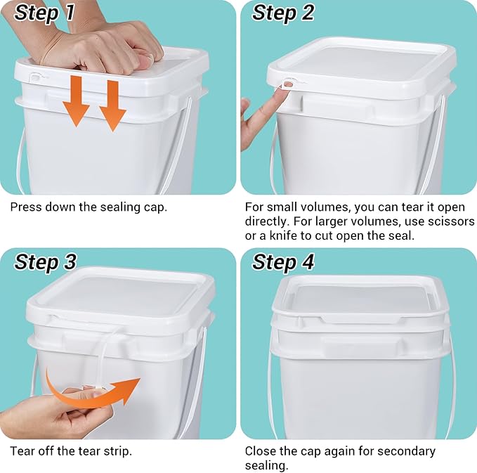 ASEVAT 5 Pcs 4 Liter (1 Gallon) Square Food Grade Bucket with Lid, White Plastic Pail with Handle for Storing Dry Food, Camping, Fishing
