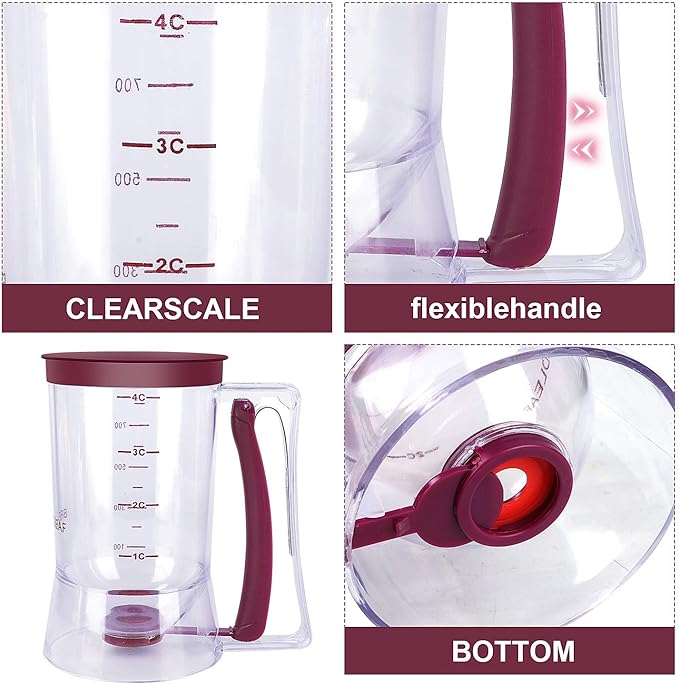 BBSTARZ Pancake Batter Dispenser – 4-Cup Batter Dispenser with Squeeze Handle & Measuring Marks for Pancakes, Waffles, Muffins, Crepes & Cupcakes – Baking Tool (purple)