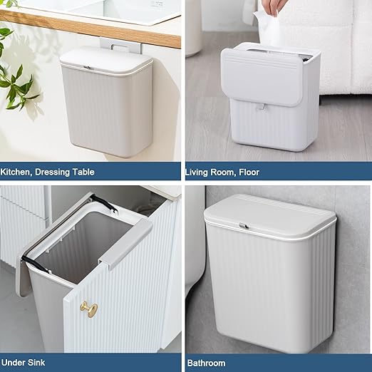 2.4 Gallon Kitchen Compost Bin for Counter Top or Under Sink, Hanging Small Kitchen Trash Can with Lid, Wall Mounted Waste Basket Bin Garbage Can for Bathroom (Grey)