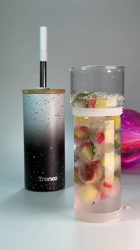 Tronco 20 oz Vacuum Insulated Glass Tumbler with Lid and Straw - Keeps Drinks Cold for 12 Hrs - Reusable Glass Cup for Iced Coffee, Smoothies & Boba - Sweat & BPA Free, Dishwasher Safe, Fit Car Holder